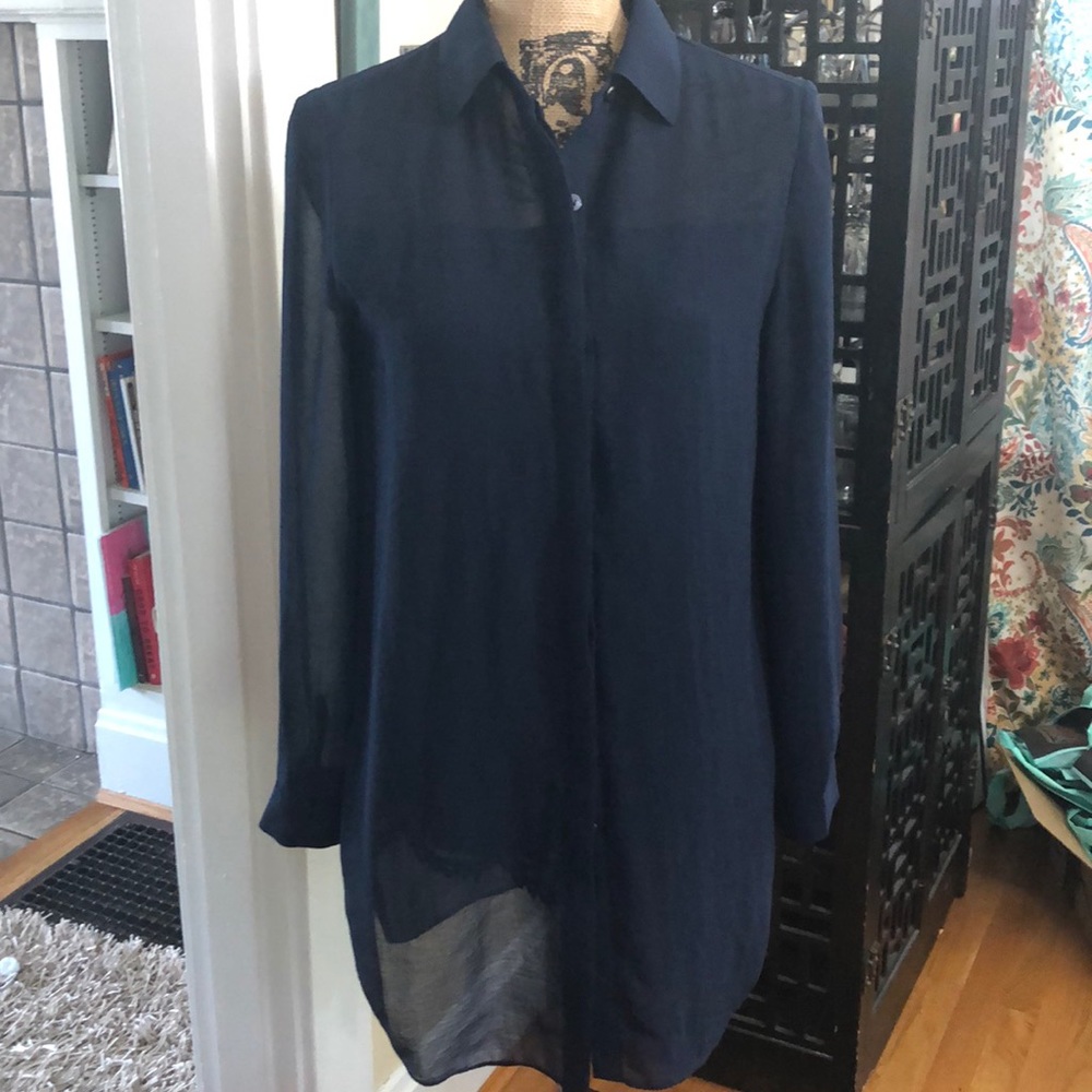 Chico’s Navy sheer blouse with lace underneath